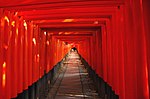 Stigarna med vermillionfärgade Torii-portar sträcker sig flera kilometer genom skogarna till de olika helgedomarna i området.
