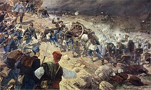 Battle of Jajce during 1878 Austro-Hungarian campaign in Bosnia and Herzegovina, by Karl Pipich. 53rd Zagreb Infantry Regiment distinguished themselves during the battle. Gefecht bei Jaice 1878.jpg