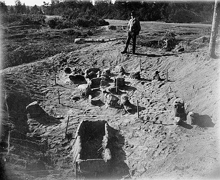 Archaeological excavation of a Stone Age settlement at Glamilders in Långbergsöda village, Saltvik, Åland, in 1906.