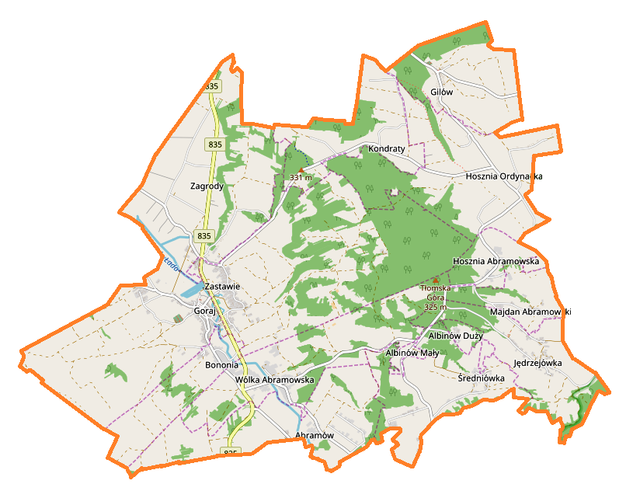 Mapa konturowa gminy Goraj, blisko centrum po lewej na dole znajduje się punkt z opisem „Goraj”