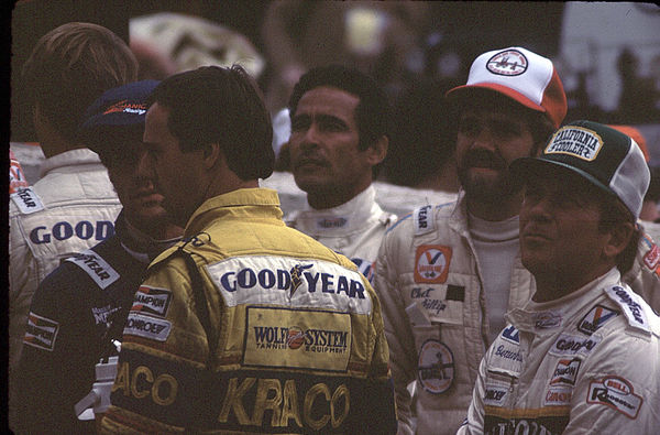 Guerrero (left) with (left to right) Geoff Brabham, Danny Ongais, Chet Fillip and Gary Bettenhausen at the 1984 Domino's Pizza 500 at Pocono Internati