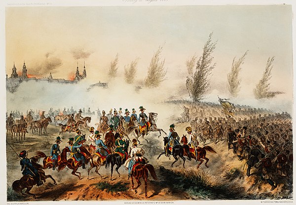 The Battle of Győr on 28 June 1849. Franz Joseph enters Győr leading the Austrian troops.