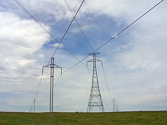 The CU powerline (on the right) was the subject of controversy and protests HVDC Crossover North-Dakota.jpg