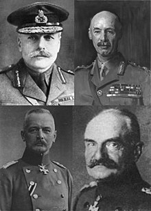 Collage of four monochrome portrait faces of military officers in General Staff uniforms. Top left officer with moustache and General Staff cap, other three officers without headdress. Lower two portraits in German General Staff uniform while top two portraits in British General Staff uniform.