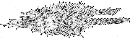 威廉·赫歇尔假设太阳在靠近中心之处根据恒星数量估算，在1785年提出的银河系形状。