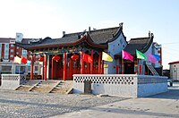 Temple of Hebo ("River Lord"), the god (Heshen, "River God") of the sacred Yellow River, in Hequ, Xinzhou, Shanxi. Heshen temple in Hequ, Xinzhou, Shanxi, China.jpg