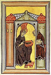 Illumination from the Liber Scivias showing the physician and Doctor of the Church Hildegard of Bingen receiving a vision and dictating to her scribe and secretary. Hildegard von Bingen.jpg
