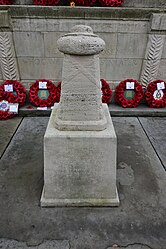 A replica WW1 memorial post gifted to Hull in Easter 1956 from the French town of Oppy, marking the length of the German advance on the town, at the Kingston upon Hull Cenotaph on Remembrance Sunday 2023.