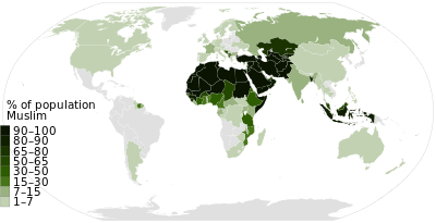 Islam percent population in each nation World Map Muslim data by Pew Research.svg