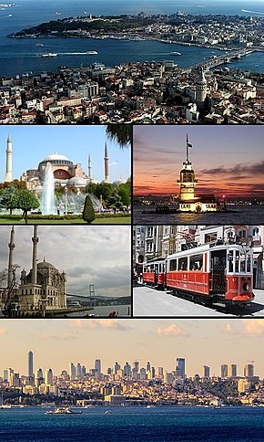 Sensul acelor de ceasornic de sus:Cornul de Aur între Karaköy și Sarayburnu între zone istorice; Turnul Fecioarei; tramvaiul nostalgic pe Bulevardul İstiklal; districtul de afaceri Levent Palatul Dolmabahçe; Moscheea Ortaköy în fața Podului Bosfor; și Hagia Sophia.