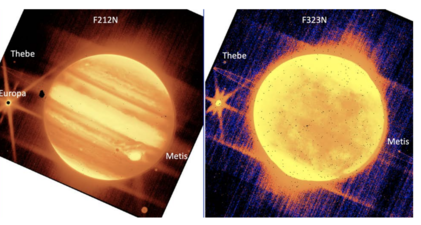 James Webb Space Telescope's photo of Jupiter and rings in infrared at 2.12 and 3.23 μm