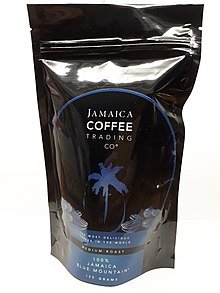 125 grams of Jamaica Blue Mountain Coffee beans certified by Jamaica Agricultural Commodities Authority Jamaica Blue Mountain Coffee in a packet.jpg