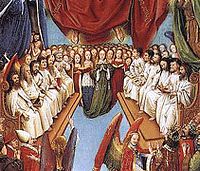 Udeleženci vstalega Kristusa, zgornja desna tabla. Zaradi svoje sorazmerne slogovne enostavnosti naj bi ta del zasnoval van Eyck, dopolnil pa član njegove delavnice.