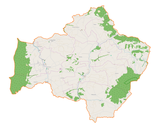 Mapa konturowa gminy Jodłownik, u góry znajduje się punkt z opisem „Kościół Najświętszej Maryi Panny Królowej Polskiw Krasnem-Lasocicach”