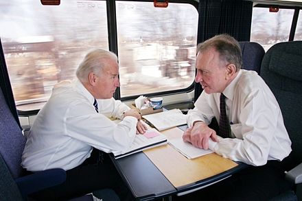 Vice President Joe Biden and Senator Arlen Specter riding the Acela Express to Philadelphia in February 2009