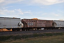 INSX 136, a hopper car formerly owned by the Klemme Co-Op Grain Company. Klemme Co-Op Grain Hopper Car.jpg