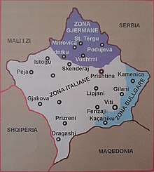 Map of Kosovo during WWII. Kosovo was split into three occupational zones: Italian, German, and Bulgarian Kosova ne Luften e Dyte Boterore.jpg