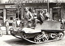 The Red Army in Bucharest near Boulevard of Carol I. with British-supplied Universal Carrier Lend-Lease x Universal Carrier x Intrarea Armatei Sovietice in Bucuresti - Bulevardul Carol.jpg