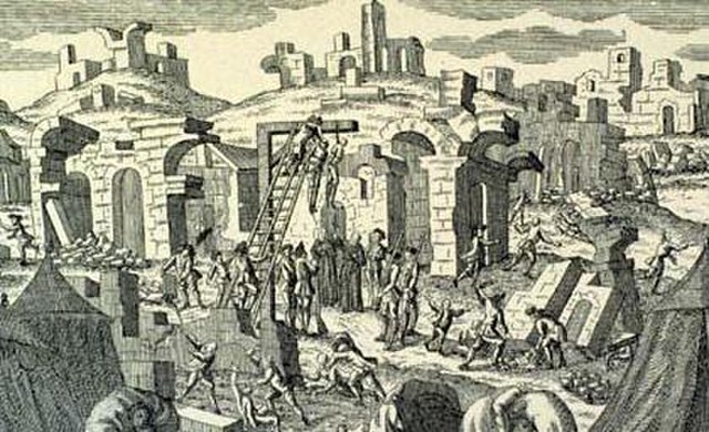 Executions in the aftermath of the Lisbon earthquake. At least 34 looters were hanged in the chaotic aftermath of the disaster. As a warning against l