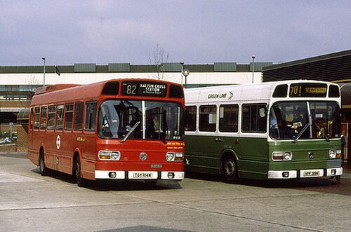 London Transport and London Country Green Line Leyland Nationals at Heathrow Airport bus station in 1980