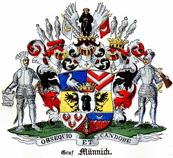 Coat of arms of the counts of the Münnich family [de] of 1728, in the Baltic Coat of arms book by Carl Arvid von Klingspor in 1882.