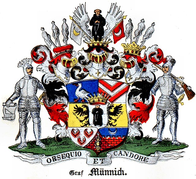 Coat of arms of the counts of the Münnich family [de] of 1728, in the Baltic Coat of arms book by Carl Arvid von Klingspor in 1882.