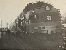 An MBTA train, c. 1979 MBTA 1105 at Bradford, circa 1979.jpg