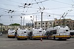 MBTA trackless trolleys at North Cambridge Carhouse, April 2017.JPG