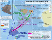 Map of search areas in the southern Indian Ocean, west of Australia. An inset displays the path of the Ocean Shield during the TPL search and the detections it made. The main map also displays the 7th BTO arc and locations of possible debris spotted by satellite.