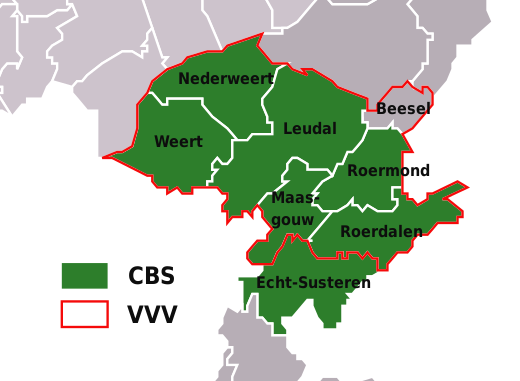 Gemeenten van Midden Limburg volgens CBS en VVV. De gemeente Beesel ligt op het snijpunt tussen Noord- en Midden-Limburg. Op bestuurlijk niveau wordt Beesel (met Reuver) niet meer tot Midden-Limburg gerekend).
