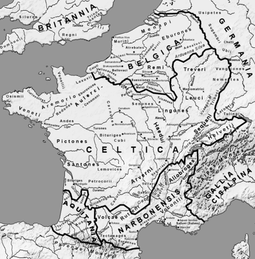 公元前58年罗马彻底征服之前的高卢：- 纳尔榜高卢受到罗马和希腊影响- 阿基坦居住着巴斯克人或受其影响比利时高卢受到日耳曼部落影响