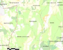 Mappa elementare che mostra i confini del comune, i comuni limitrofi, le zone di vegetazione e le strade