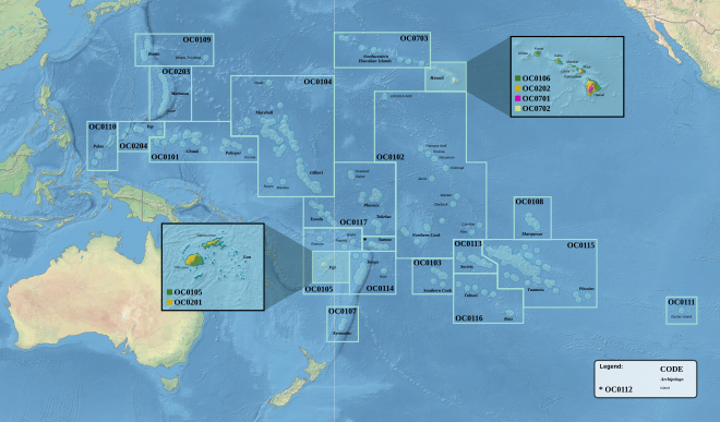 Mapa das ecorregiões terrestres da ecozona do Pacífico.