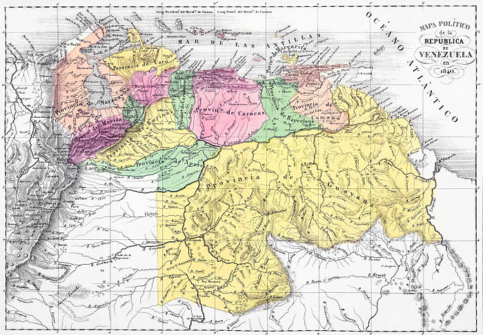 The 13 provinces of Venezuela existing in 1840. Map by Agostino Codazzi. Mapa politico de Venezuela 1840 restored version.jpg