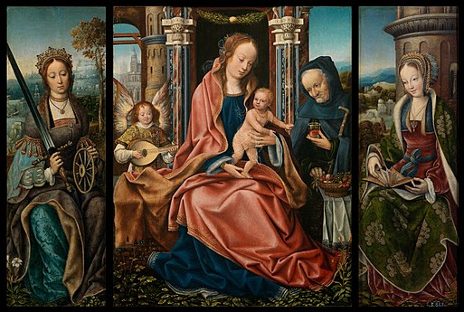 Mestre de Frankfurt, Sagrada Familia con ángel músico, Santa Catalina de Alejandría, Santa Bárbara, 1510–1520, Museo del Prado, Madri