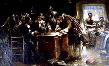 "Signing of the Mayflower Compact" by Edward Percy Moran, c. 1900 Mayflower compact.jpg