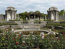 The Irish National War Memorial Gardens in Dublin, dedicated to the memory of the 49,400 Irish soldiers who died during World War I. Memorial Rose-Garden Pond.JPG