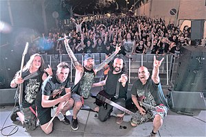 Monument Of Misanthropy live in Barcelona at the MYFBE Festival 2022. From left to right: Johannes Gatsch, Tobias Schmeisser, Georg „Misanthrope“ Wilfinger, Paul Nazarkardeh, Shoi Sen