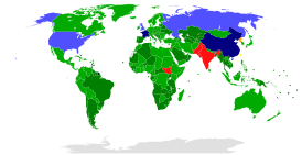 Участники Договора о нераспространении ядерного оружия      Признанные ядерные державы, ратифицировавшие договор      Другие страны, ратифицировавшие договор      Вышедшая из договора страна (КНДР)      Частично признанное государство, соблюдающее договор (Китайская Республика)      Признанные ядерные державы, присоединившиеся к договору      Другие страны, присоединившиеся к договору, или преемники      Не подписавшие договор страны (Индия, Израиль, Пакистан, Южный Судан)