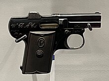 N. Pieper 1908 Model "basculant" pistol, 6.35mm, on display at the Cody Firearms Museum, Buffalo Bill Center of the West, Cody, Wyoming. NPieper1908Pistol.jpg