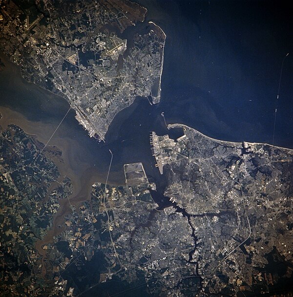 This 1996 satellite photo shows Hampton Roads, with the lower (southeastern) end of Virginia Peninsula filling most of the top half of the image