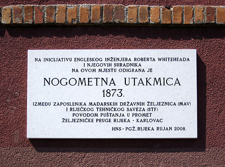 A plaque in Rijeka marking the site of the 1873 football game