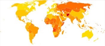 Burden of non-communicable diseases, worldwide in 2004, measured in disability-adjusted life years Noncommunicable diseases world map - DALY - WHO2004.svg