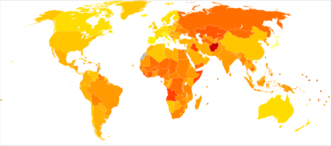 Charge de morbidité des maladies non transmissibles, dans le monde en 2004, mesuré en années de vie corrigées de l'incapacité (AVCI).