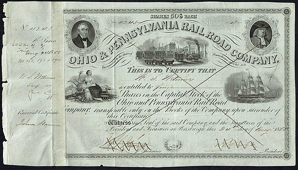 Share of the Ohio and Pennsylvania Railroad Company, issued 24. August 1855