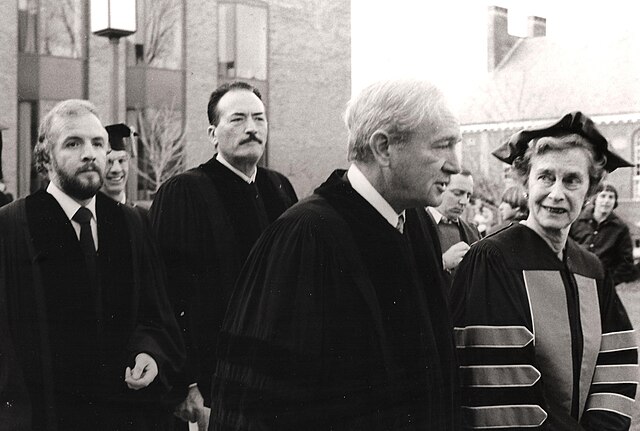 (from far left) Stanley O'Toole, Gregory Peck and Franklin J. Schaffner outside Franklin & Marshall College after accepting an honorary degree in 1977