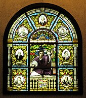 Stained glass at Ottawa Public Library featuring Charles Dickens, Archibald Lampman, Duncan Campbell Scott, Lord Byron, Tennyson, William Shakespeare, and Thomas Moore