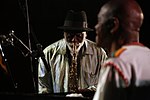 Thumbnail for File:Pharoah Sanders Quartet ft Dwight Trible and Howard Johnson - INNtöne Jazzfestival 2013 01.jpg