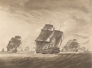 Plate II. The Lady Juliana in tow of the Pallas Frigate. The Sailors Fishing the main Mast which was shatter'd by Lightning RMG PY8432 (cropped).jpg