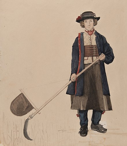 An early Swedish scythe from a painting by Per Sodermark Pojke i Rattviksdrakt med lie. Akvarell av P.Sodermark - Nordiska museet - NMA.0070058 (cropped).jpg